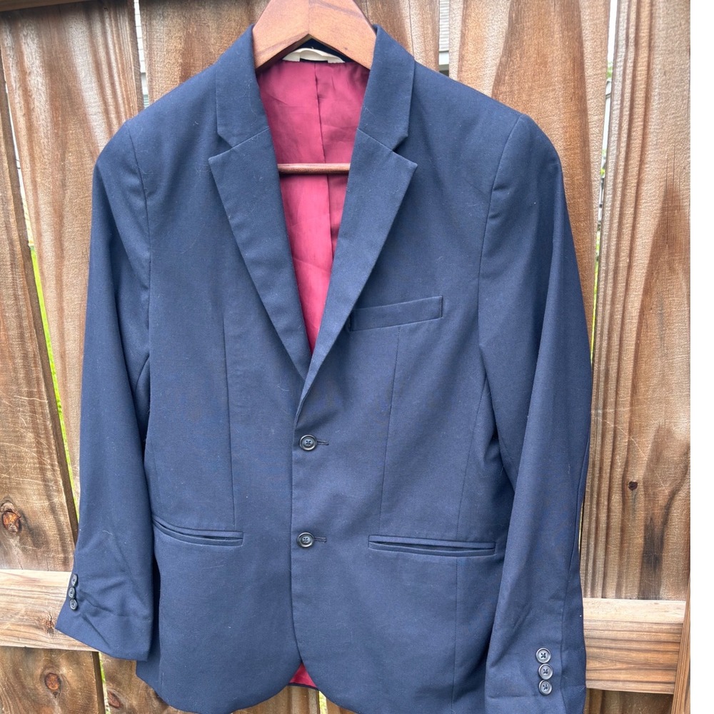 Blazer Boys Navy Blue Good Two Button Burgundy Lining Kids Size 14 - Picture 3 of 12
